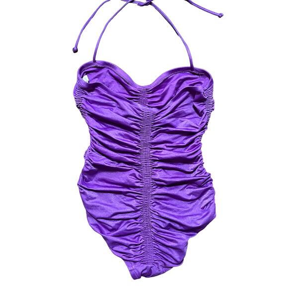 VTG 50s DE WEESE DESIGN Halter Tie Ruched One Piece Swimsuit in Purple SZ 6 - Picture 3 of 12
